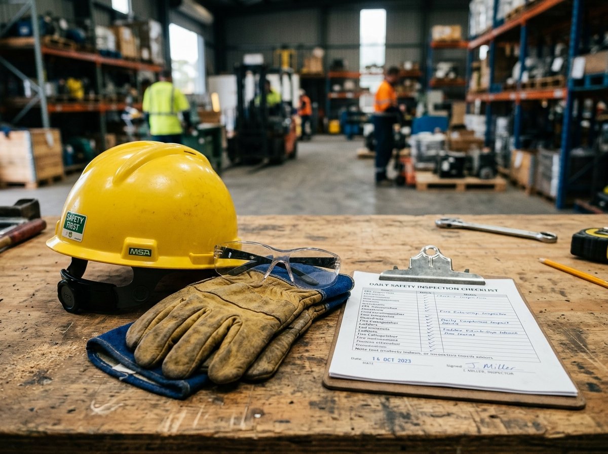 Equipamiento de seguridad e higiene laboral: casco de protección, guantes y planilla de relevamiento técnico